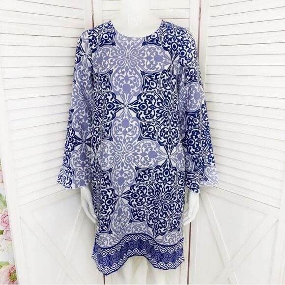 Buckhead Bettie’s Savannah Scroll Print Tunic Dress Blue Small Long Sleeve - Picture 1 of 14